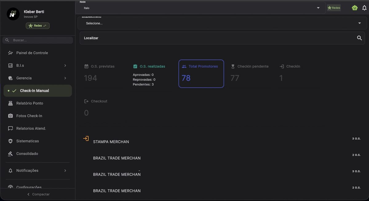 Tela de check-in manual para redes de varejo - controle de promotores no PDV com métricas em tempo real